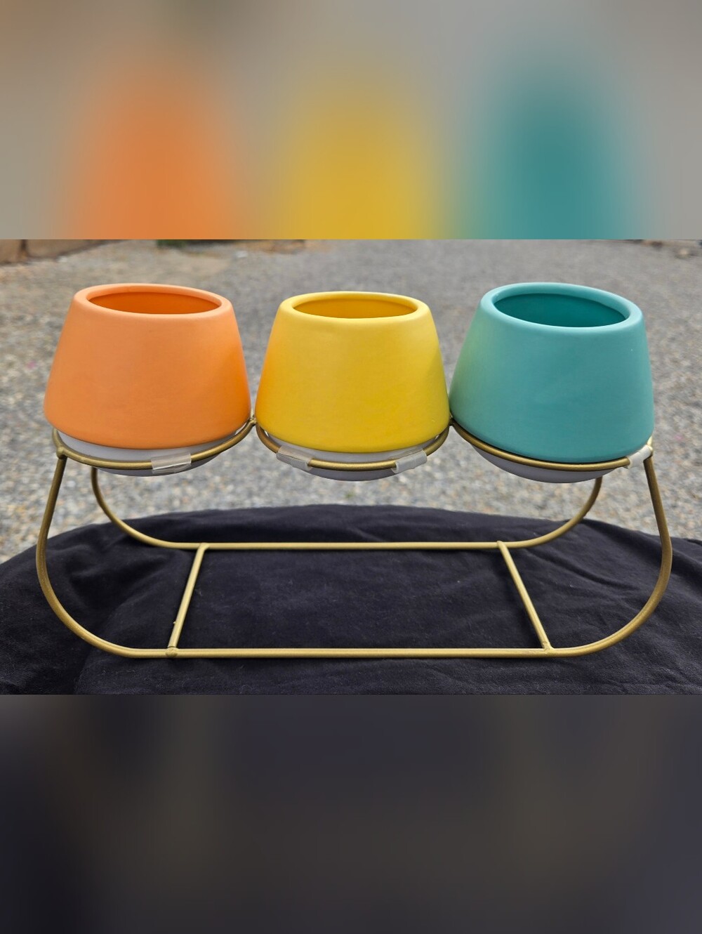 MCM Look 3 Pots And Plant Holder Turquoise Yellow Orange Minimalist 12"X 7"